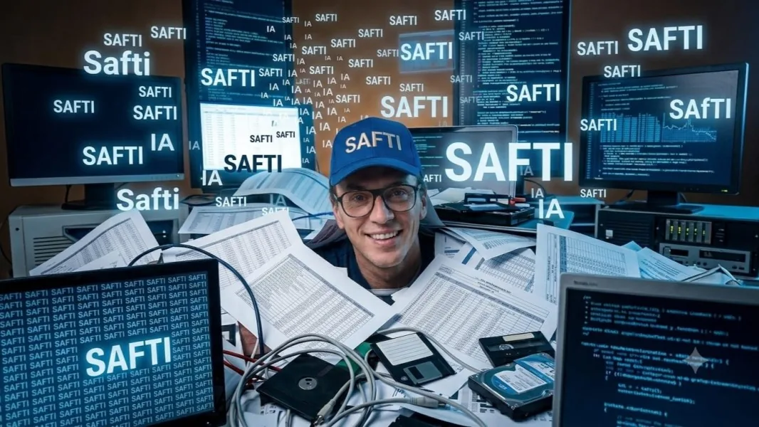 Illustration : un homme souriant en casquette SAFTI, enseveli sous des feuilles de calcul, des câbles et des disquettes, entouré d'écrans affichant du code et les mots SAFTI et IA.