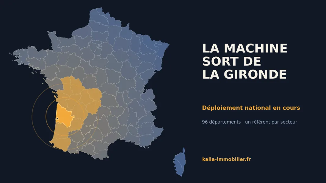 Carte de France des départements sur fond sombre, la Gironde et les départements voisins en orange, sous le titre « La machine sort de la Gironde ».